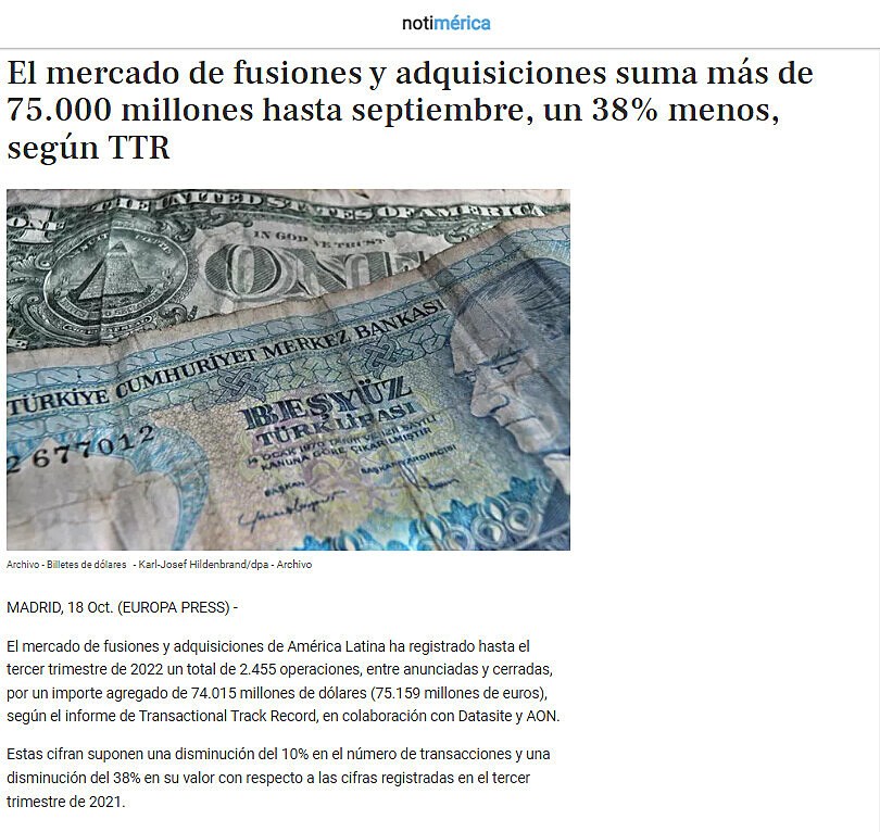 El mercado de fusiones y adquisiciones suma ms de 75.000 millones hasta septiembre, un 38% menos, segn TTR